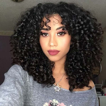 Ali Annabelle Jerry Curly Short Bob Human Hair Wigs Full Machine Made Glueless Wig with Bangs